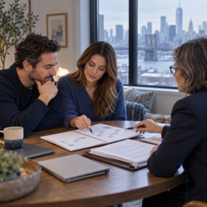 Divorced parents reviewing a child custody calendar and tax papers