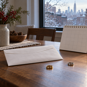 Sealed compensation envelope, blank year-end calendar, and two separated wedding rings on a table