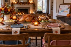 Thanksgiving dinner table beside a family calendar, illustrating holiday parenting schedules.